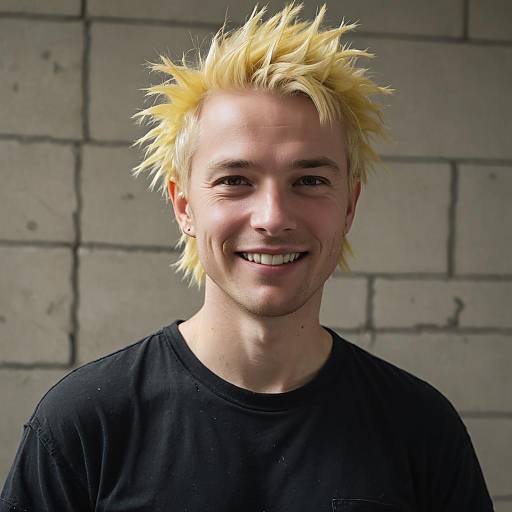Young Man with Spiky Blonde Hair Smiling Against Concrete Wall