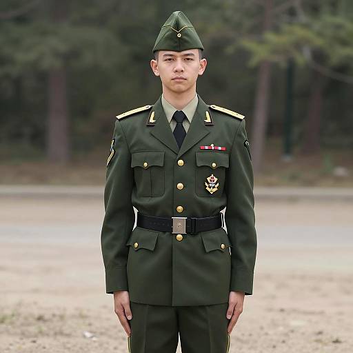 Young Man in Formal Military Uniform Standing Outdoors