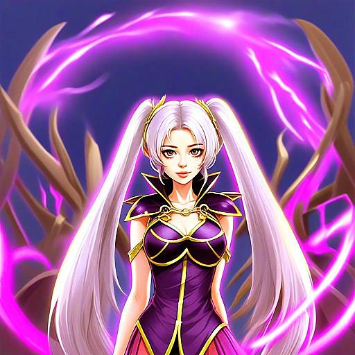 Fantasy Anime Woman with Long White Hair and Purple Magic Aura Fire Emblem Style