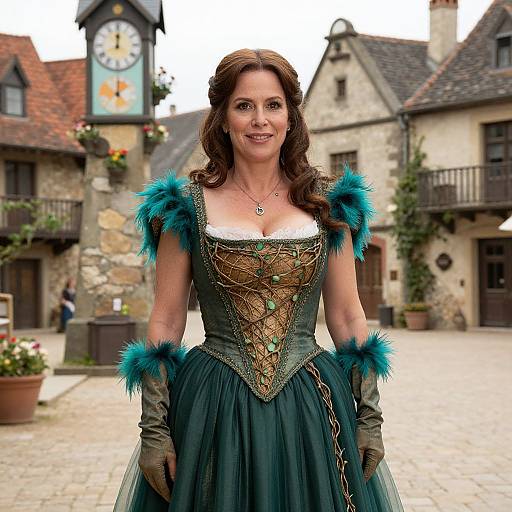 Woman in Fantasy Medieval Costume with Feather Accents in Village