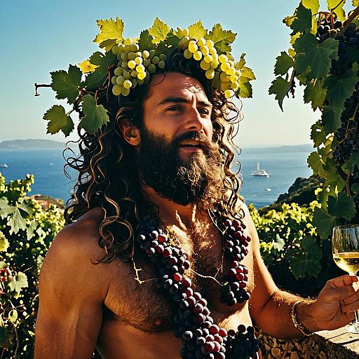 Man in Vineyard Wearing Grapes and Leaves with Wine Glass by the Sea