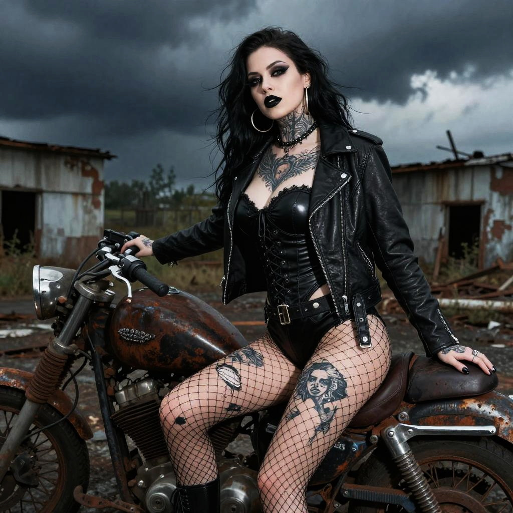 Gothic Woman on Vintage Motorcycle with Edgy Style