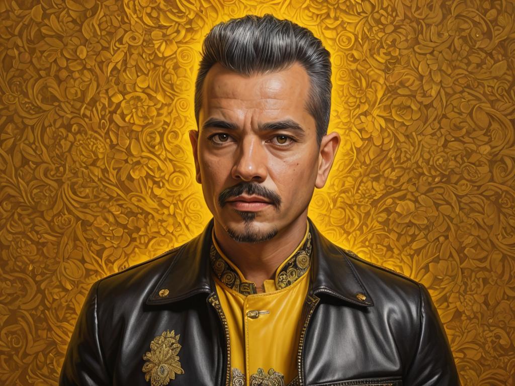 Middle-aged Mexican man with mohawk and ornate background