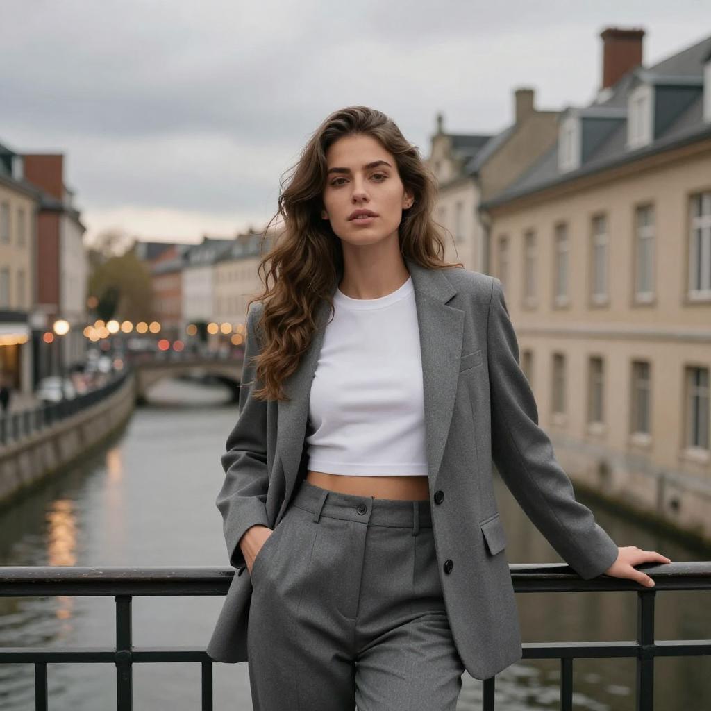 Young Woman in Grey Suit on Urban Canal Bridge Fashion Portrait