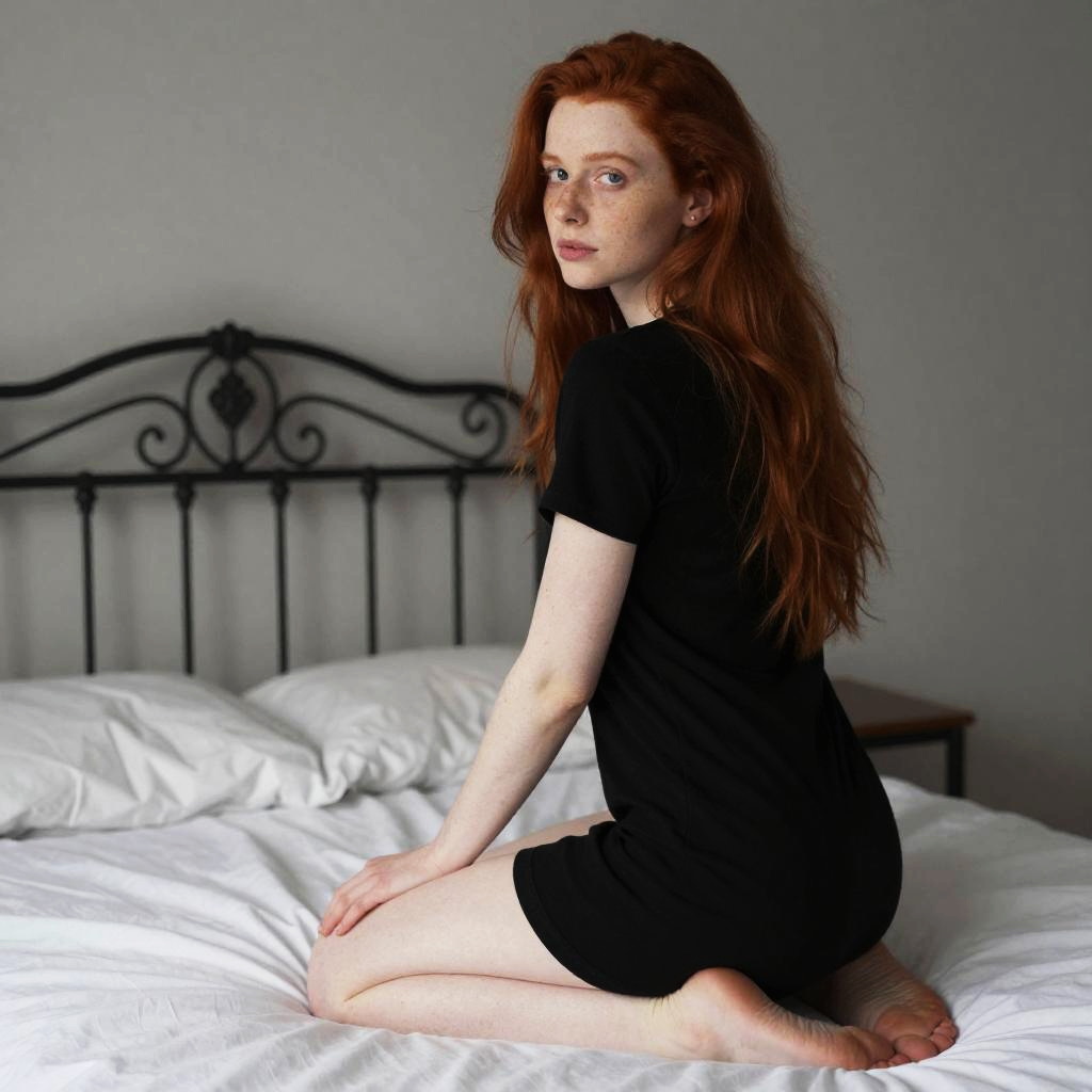 Red-Haired Woman Kneeling on Bed in Black Dress Lifestyle Portrait