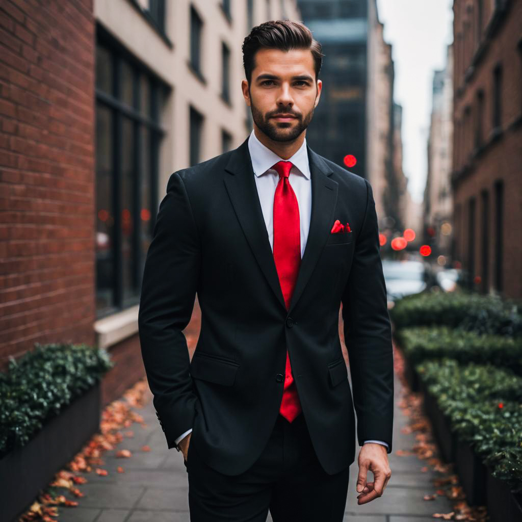 Dapper Man in Black Suit on City Street