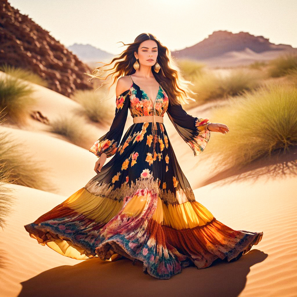 Elegant Woman in Floral Maxi Dress in Desert