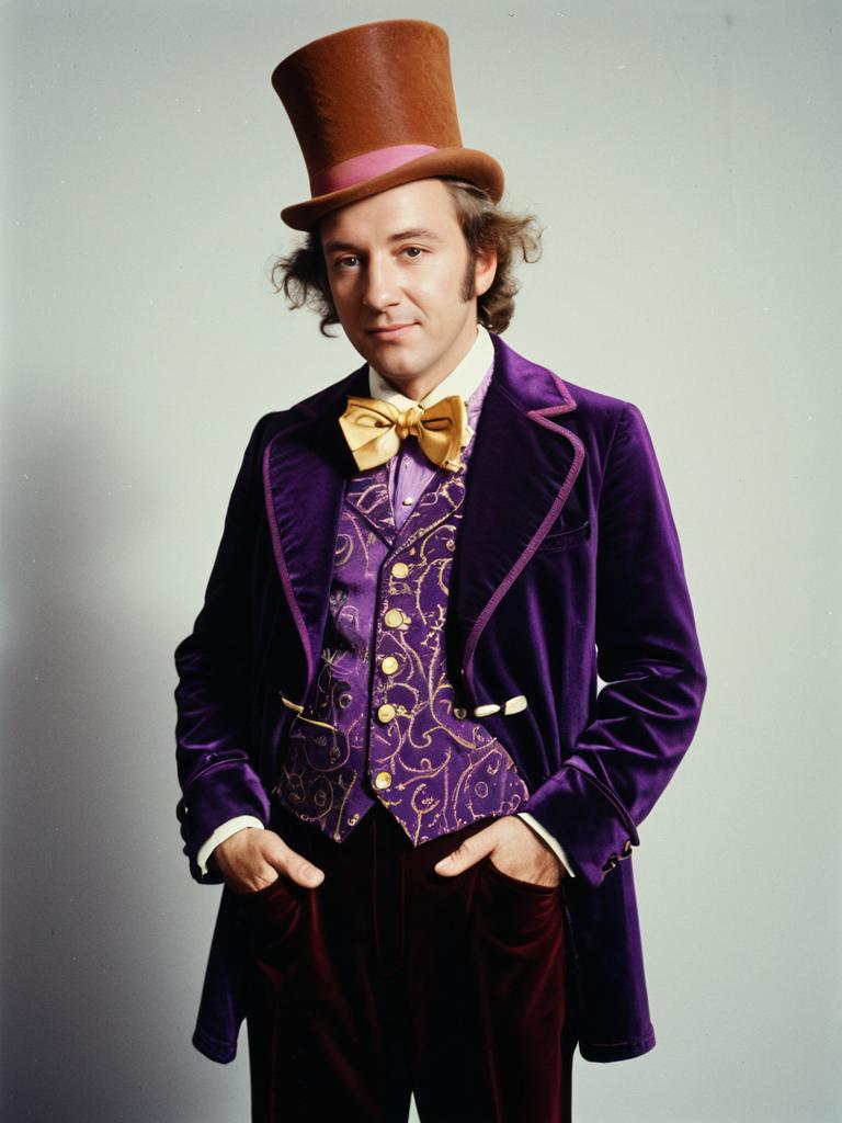 Photorealistic Portrait of Man in Willy Wonka Costume in Studio