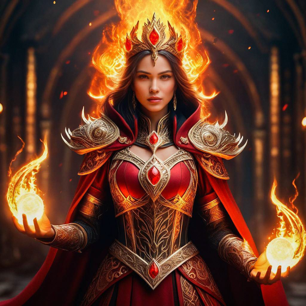 Powerful Woman in Red Armor with Fire Orbs Powerful Woman in Red Armor with Fire Orbs