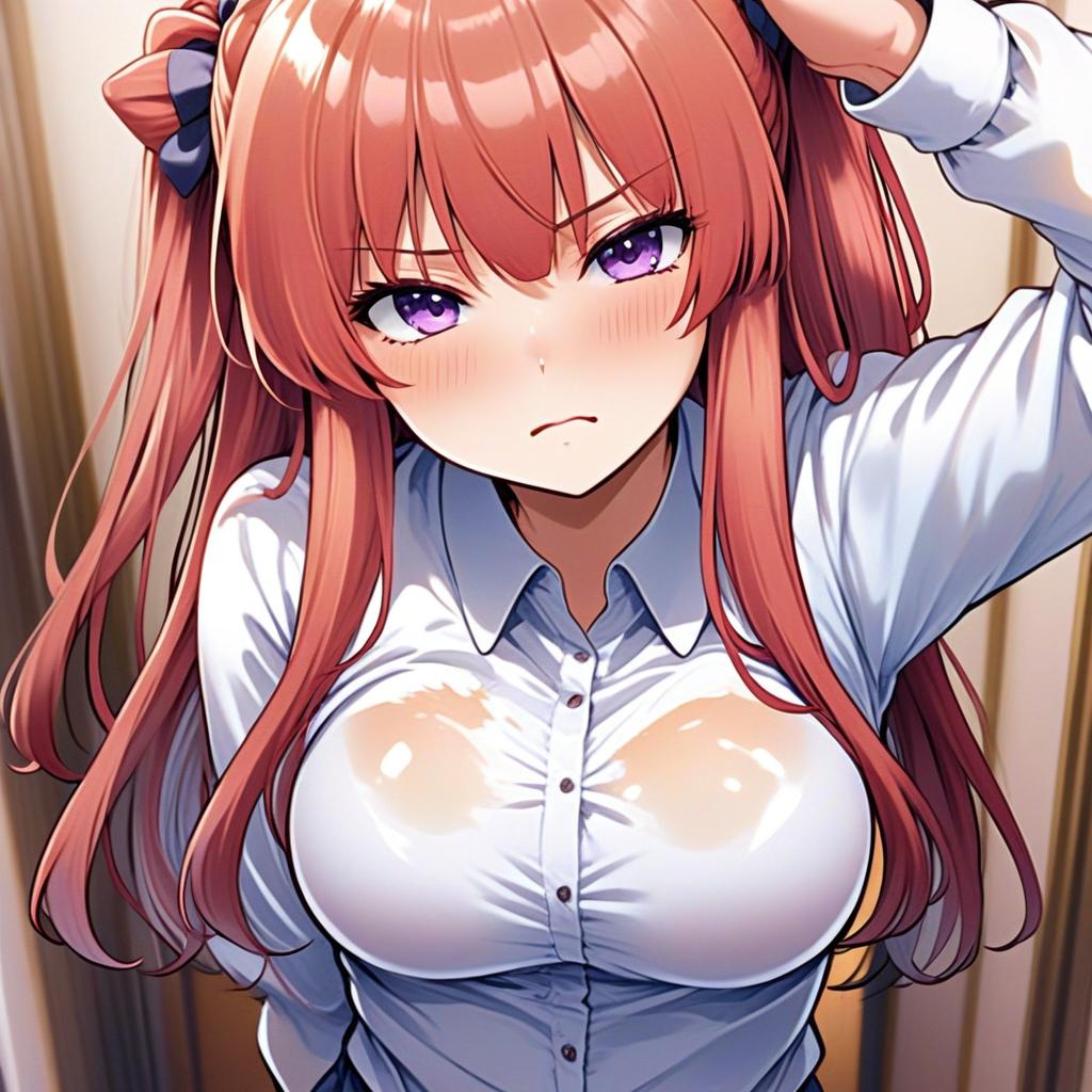 Anime Illustration of Woman with Reddish Hair and Purple Eyes in White Blouse