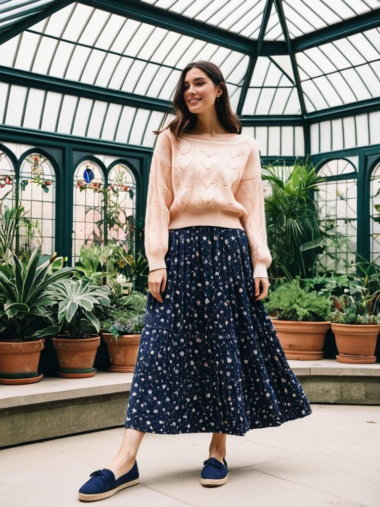 Woman in Pink Sweater and Floral Skirt in Greenhouse with Plants