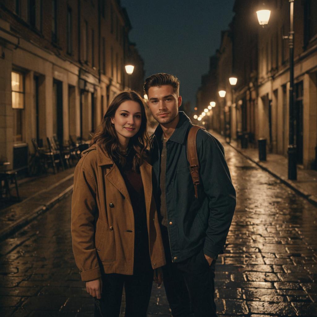 Couple on Quaint Street at Dusk