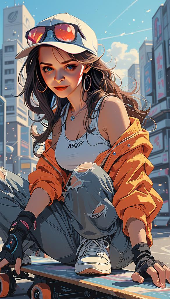 Stylish Young Woman on Skateboard in Urban Setting