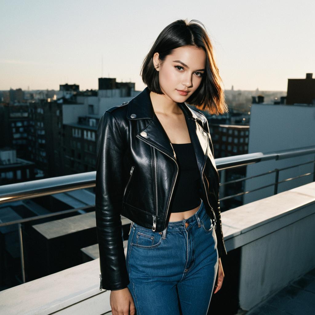Young Woman in Black Leather Jacket on Urban Rooftop at Sunset