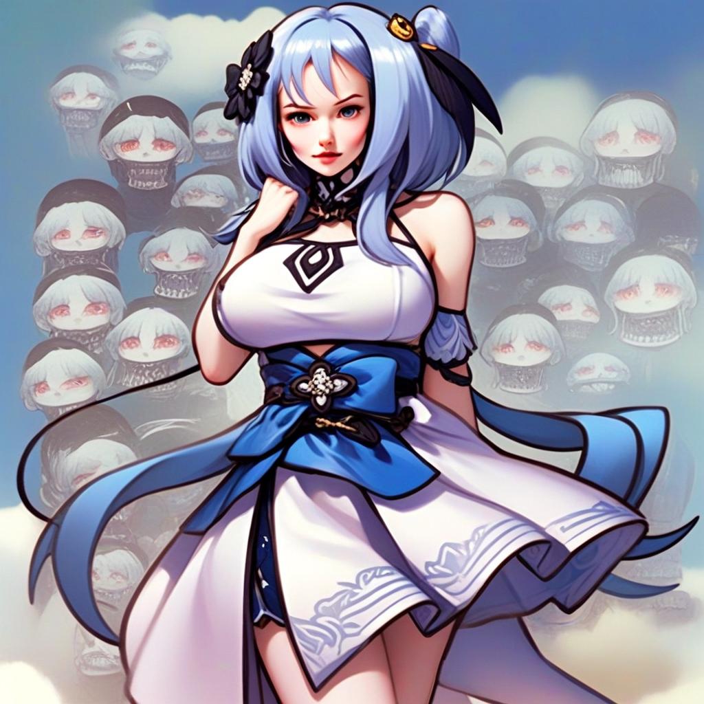 Anime Style Woman with Silver Hair and Mysterious Masked Crowd Background