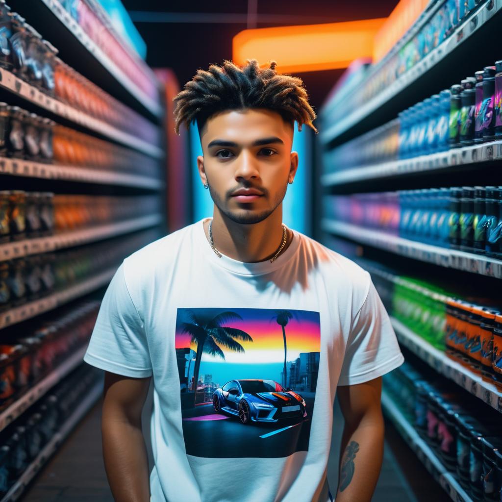 Young Man in Colorful Convenience Store