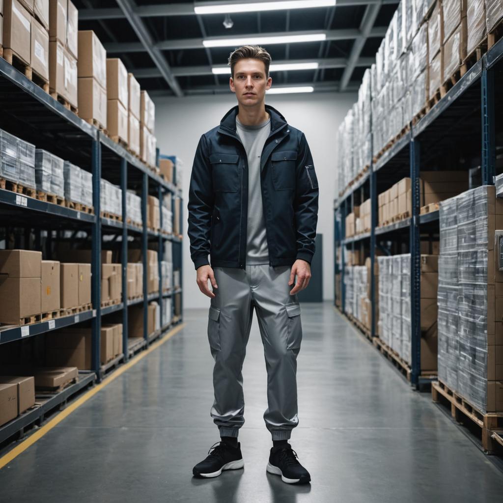 Confident Man in Modern Warehouse Aisle