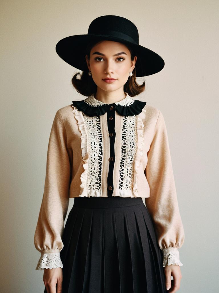 Vintage Style Woman in Lace Blouse and Black Wide-Brim Hat