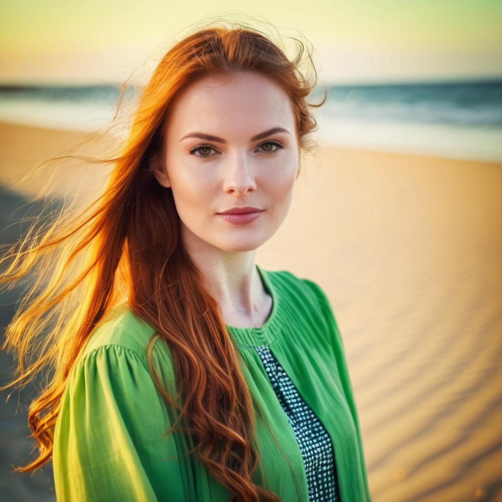 Portrait of Red-Haired Woman on Sandy Beach at Sunset