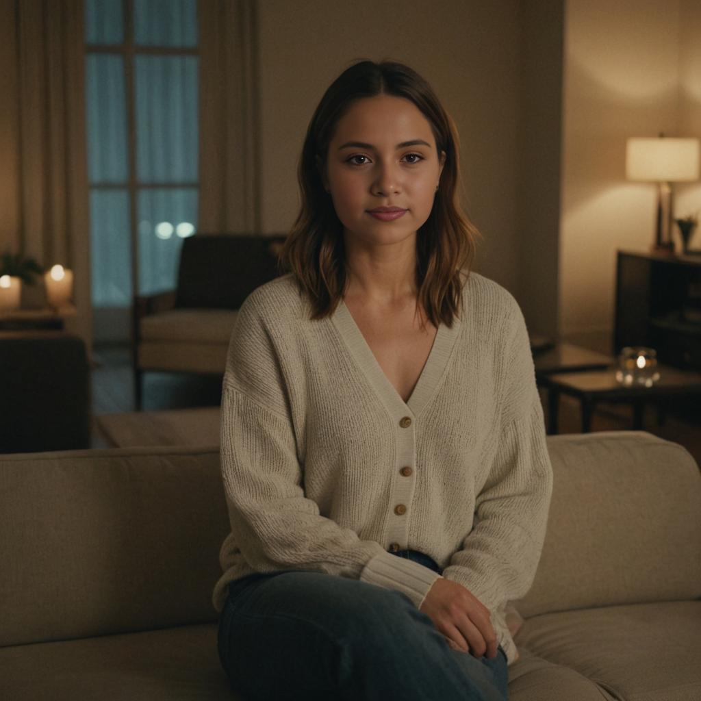 Calm Woman on Sofa in Intimate Living Room