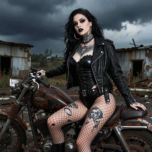 Gothic Woman on Vintage Motorcycle with Edgy Style