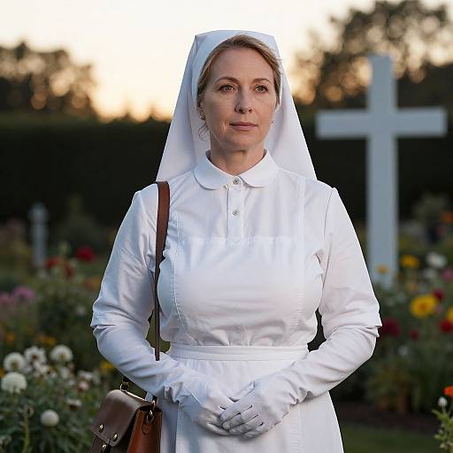 Woman in Traditional White Nurse Uniform in Cemetery with Cross