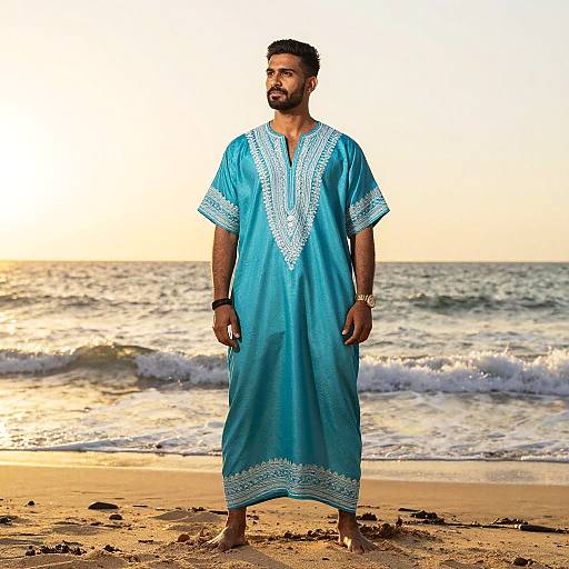 Man Wearing Blue Embroidered Kaftan on Beach at Sunset