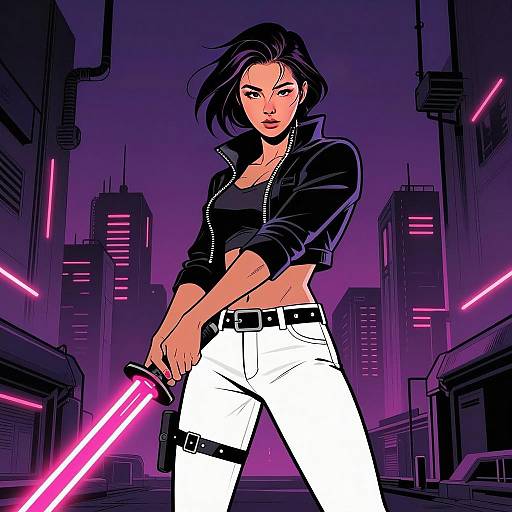 Cyberpunk Woman with Neon Katana in Futuristic Cityscape