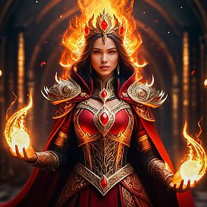 Powerful Woman in Red Armor with Fire Orbs