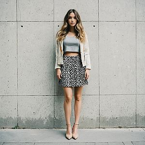 Confident Young Woman in Stylish Outfit Against Concrete Wall