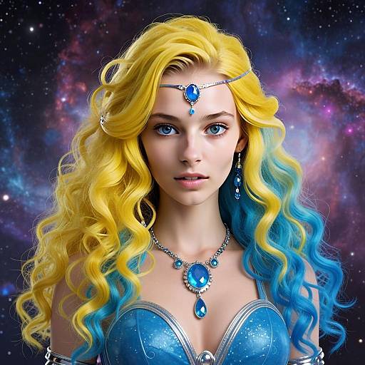 Fantasy Woman with Blue and Yellow Hair in Cosmic Setting with Blue Gemstone Jewelry