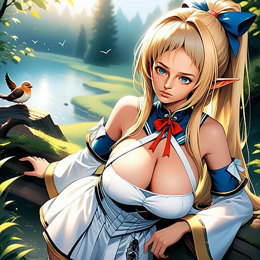 Shiranui Flare Elf Woman Anime Illustration in Forest Lake Setting