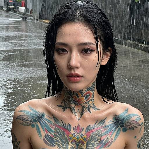 Portrait of Woman with Vibrant Tattoos in Rain on Urban Street