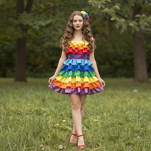 Young Woman Wearing Rainbow Ruffled Dress Outdoors