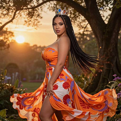 Woman Wearing Jeweled Crown and Orange Floral Dress at Sunset Outdoors