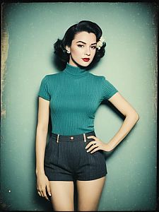 Woman in Casual Sporty Grey Ribbed Knit Mock Turtleneck Top with High Waist Shorts