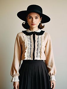 Vintage Style Woman in Lace Blouse and Black Wide-Brim Hat