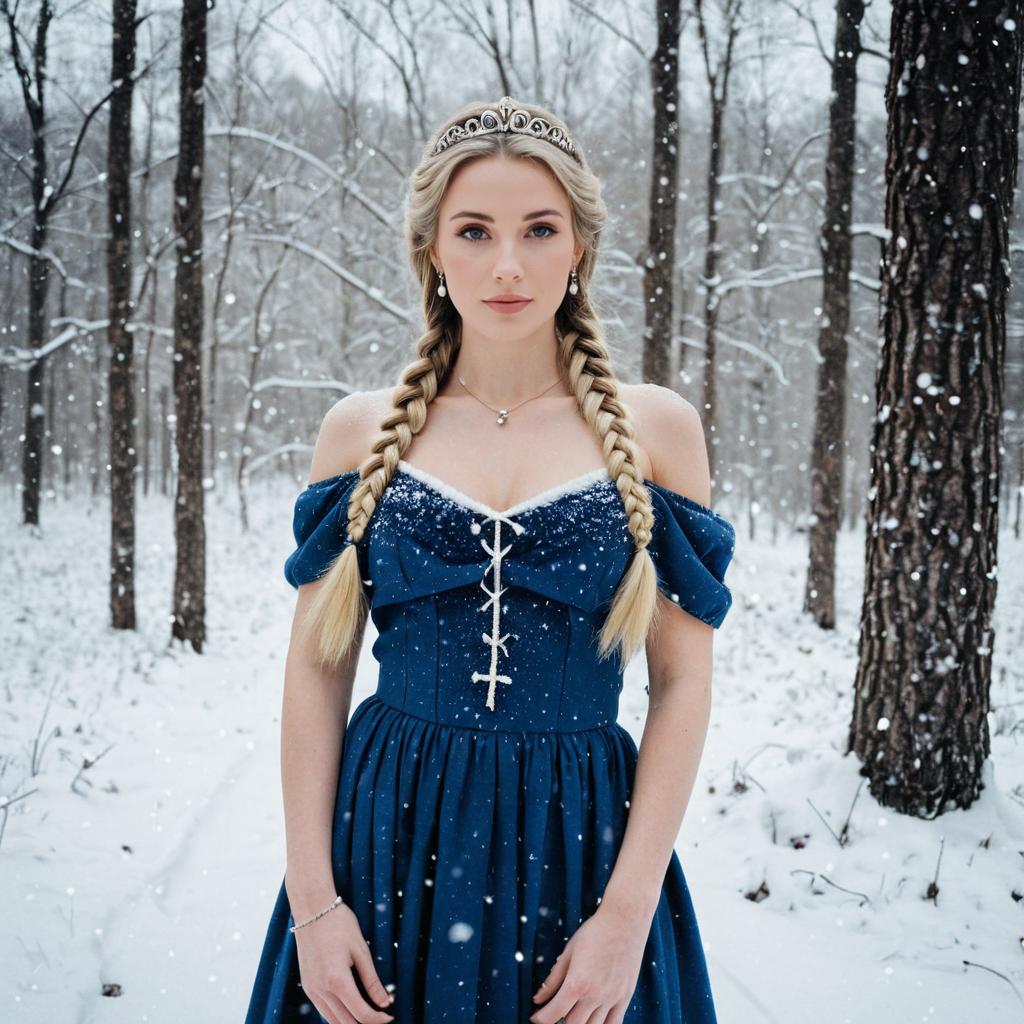 Young Woman in Blue Dress in Snowy Forest
