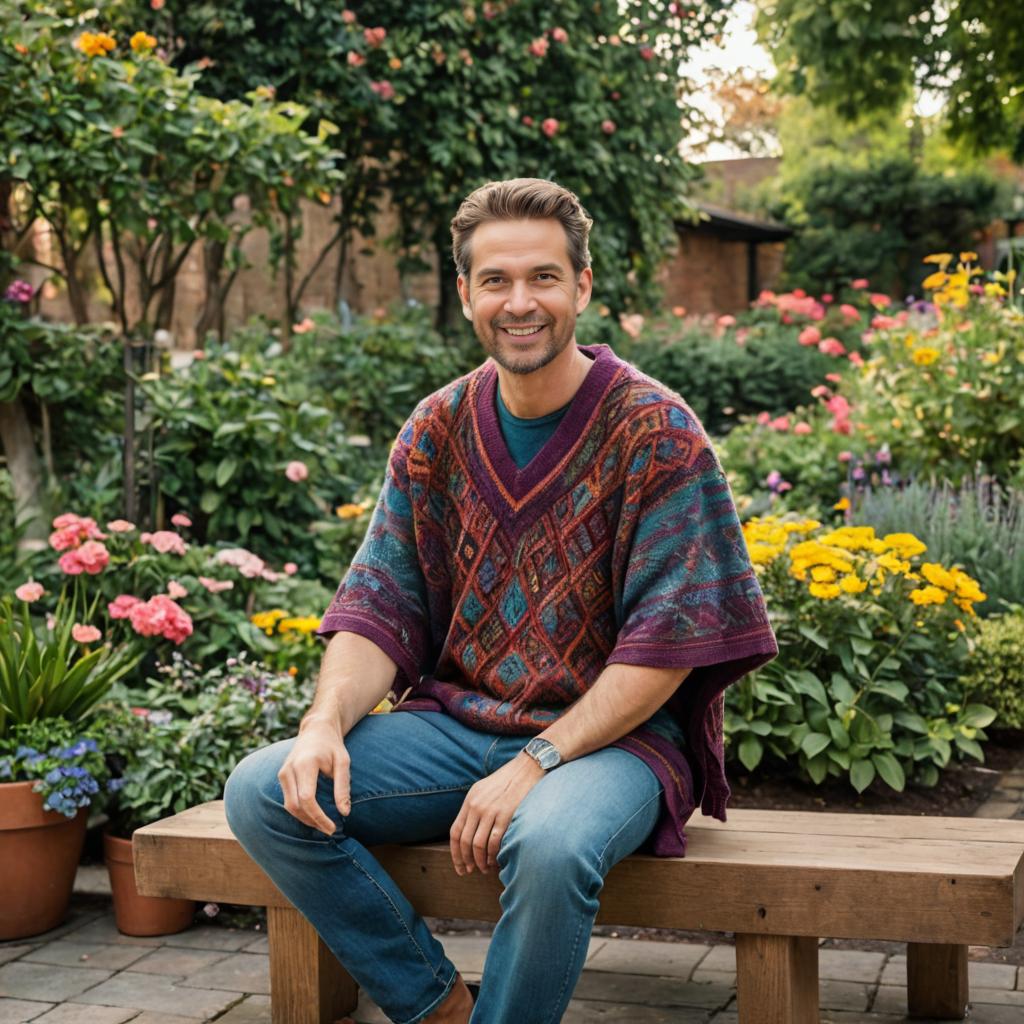 Cheerful man in artistic poncho sitting in a lush garden