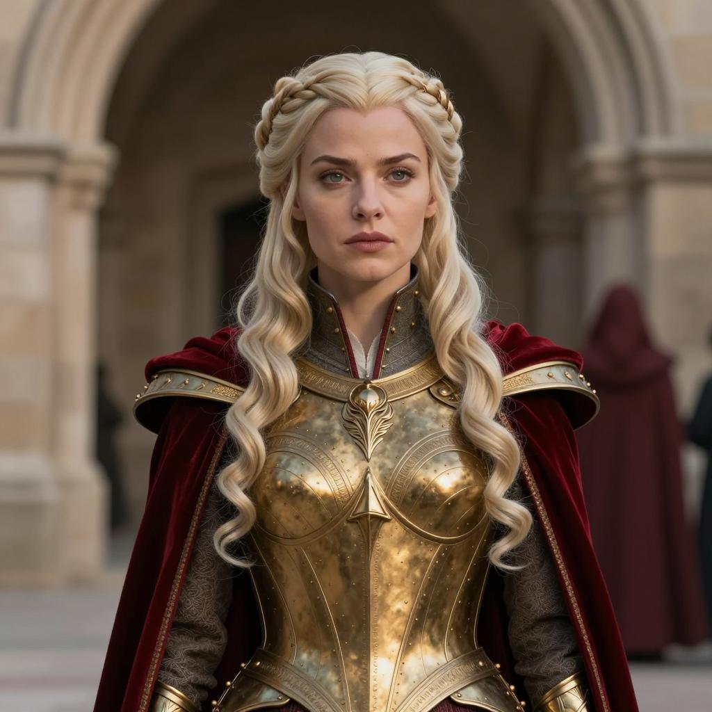 Woman in Golden Armor with Braided Blonde Hair in Medieval Fantasy Setting