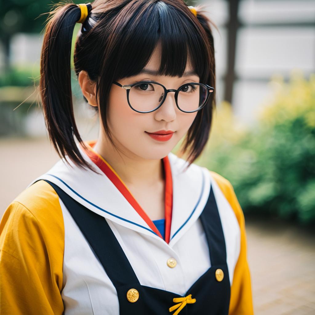 Young Woman in Japanese School Uniform and Glasses with Twin Ponytails