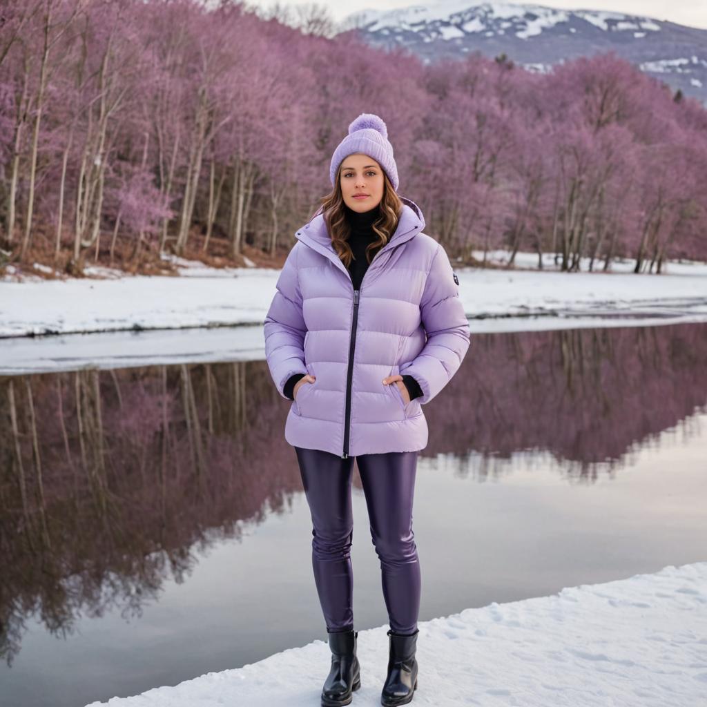 Woman in Winter Attire by Snowy Lake