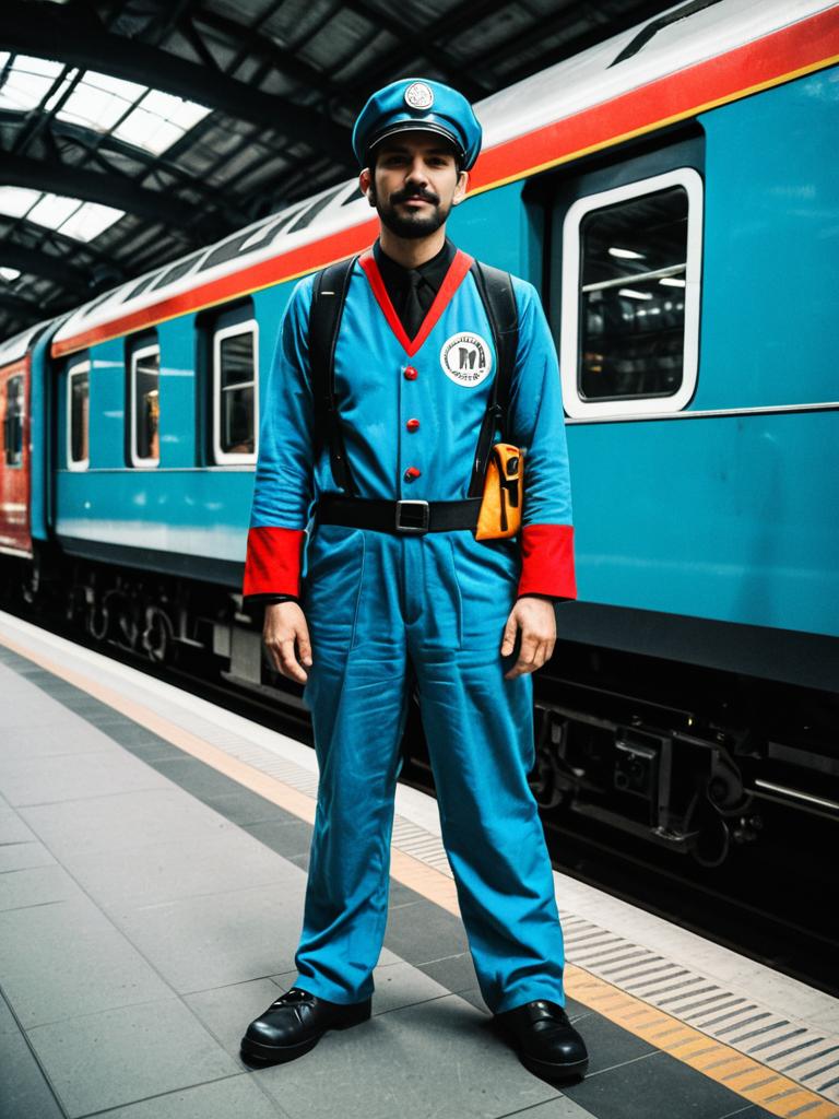Man in Thomas Train Costume Full Body Cosplay Photo Photorealistic