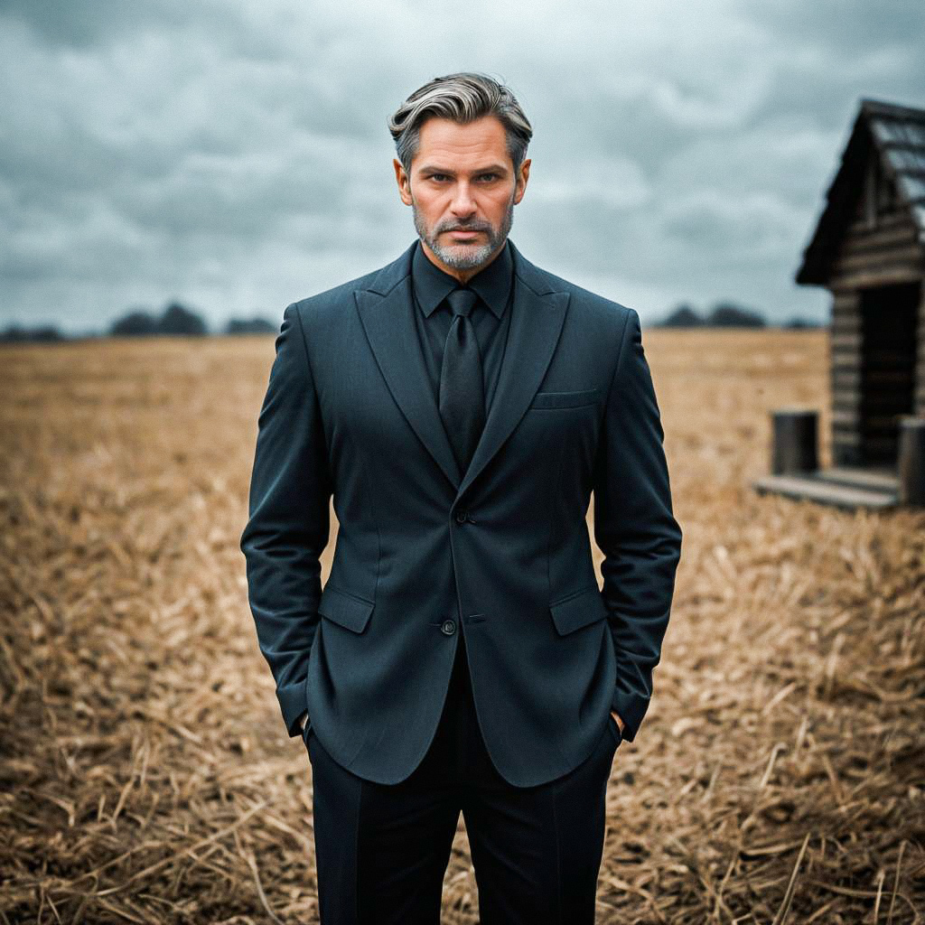 Confident Man in Black Suit in Barren Field