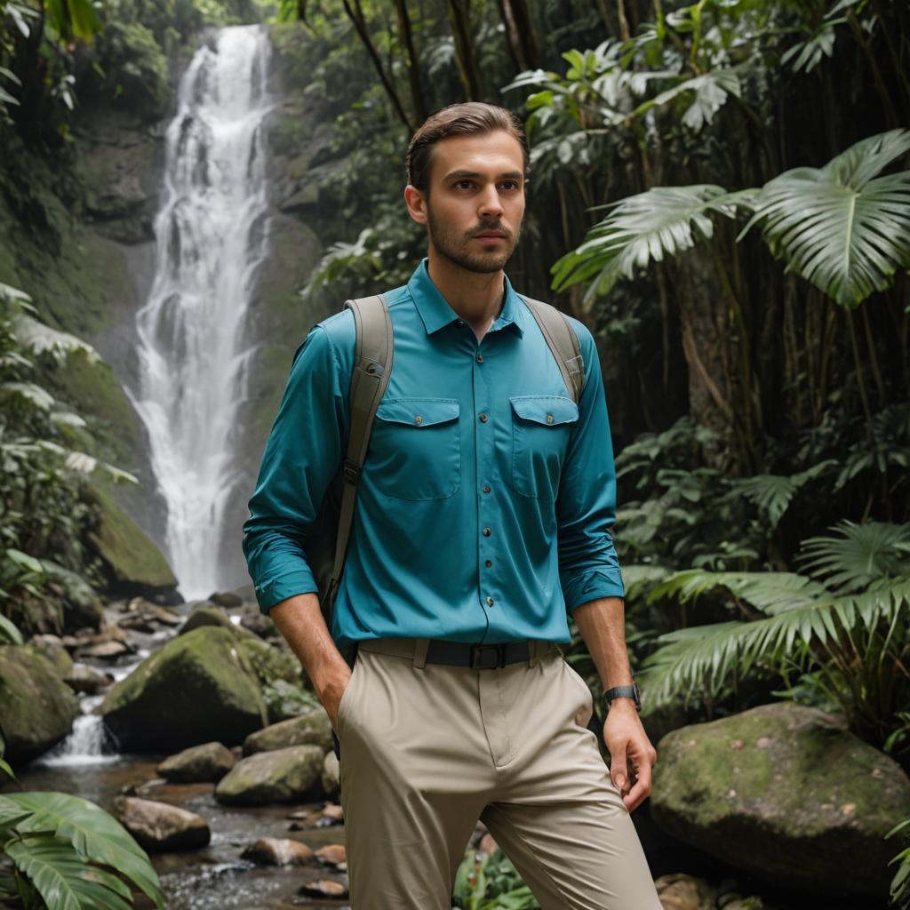 Confident Man in Lush Forest with Waterfall