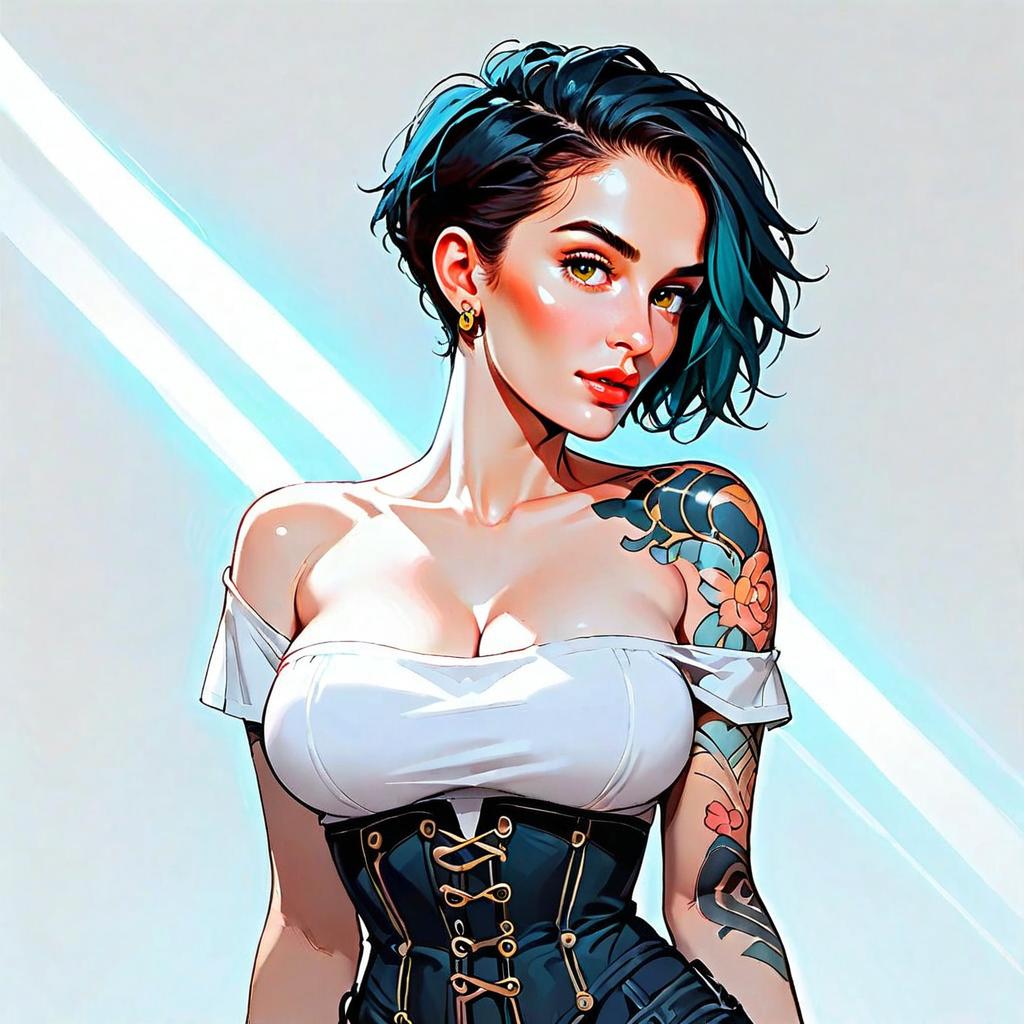 Digital Art of Tattooed Woman in Corset and Off-Shoulder Top