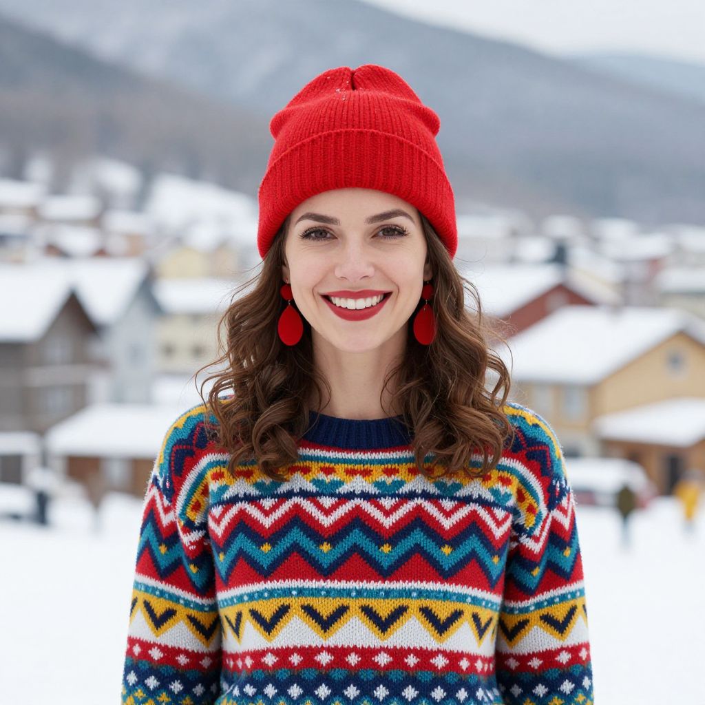 Smiling Woman in Colorful Sweater and Red Beanie in Snowy Village