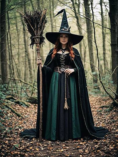 Woodland Witch Woman in Full Fantasy Cosplay with Staff in Forest