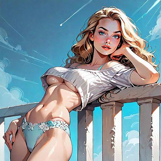 Anime Style Illustration of Blonde Woman Leaning on Stone Railing Under Blue Sky