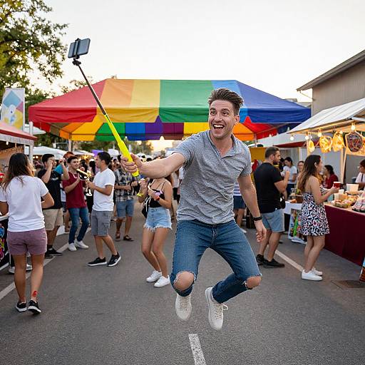 Young Man Jumping and Taking Selfie at Colorful Street Festival
